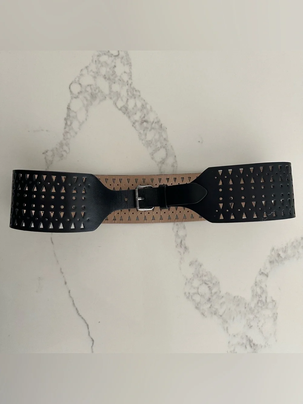 BCBGMaxAzria Perforated Cutout Wide Waist Belt in Black Medium
